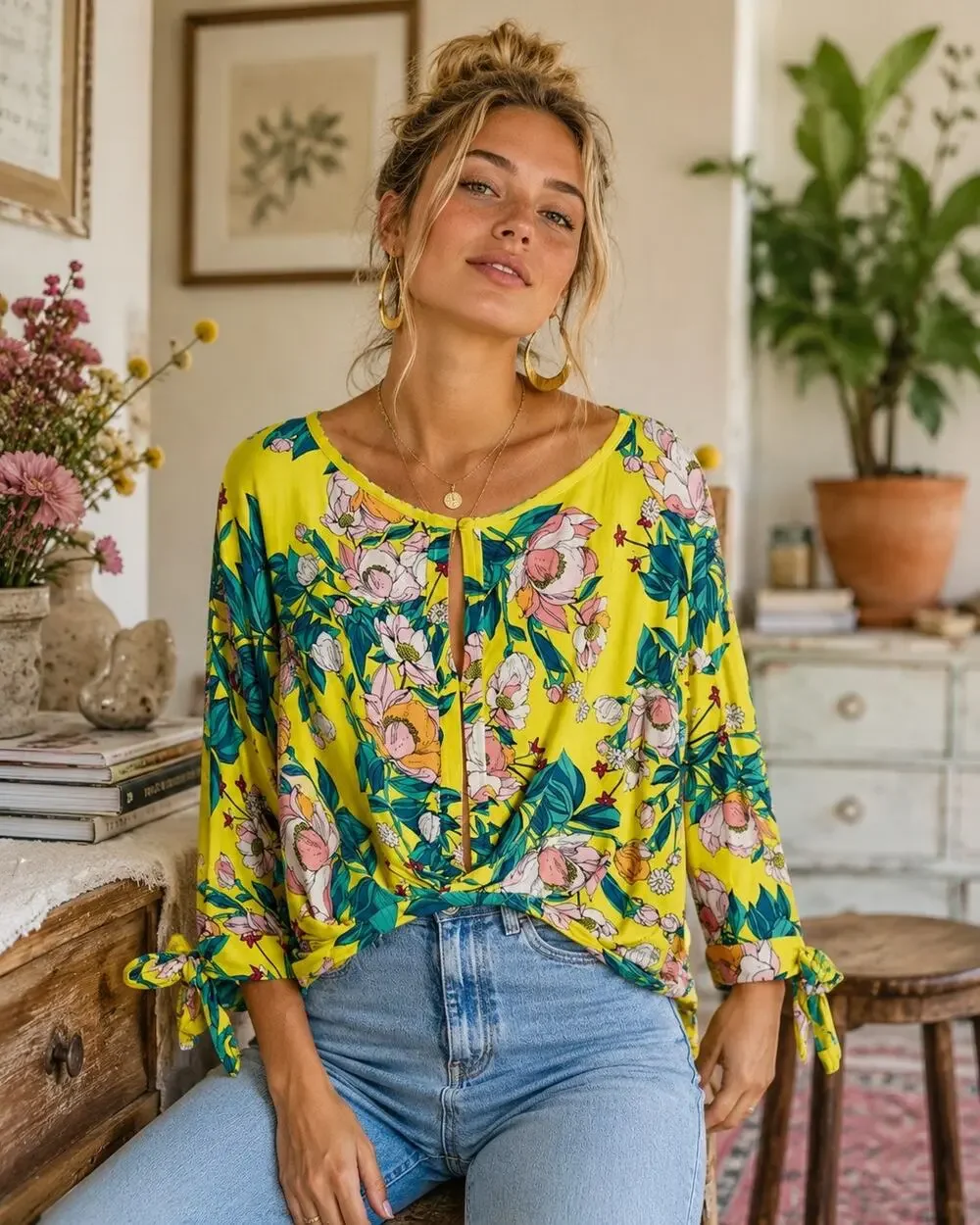Free People Keepin’ On Peasant Top Floral Tie Sleeve Boho Blouse Yellow XS